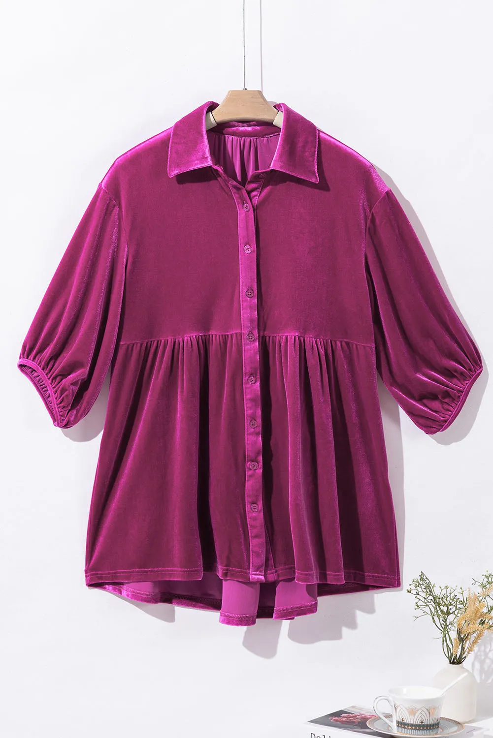 3/4 Sleeve Tunic Babydoll Velvet Shirt