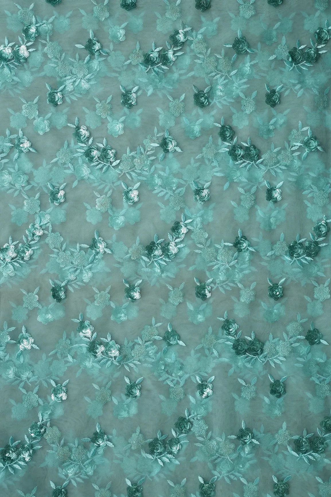 6.25 Meter Cut Piece Of Sky Thread With Sequins Beautiful Floral Embroidery Work On Sky Soft Net Fabric