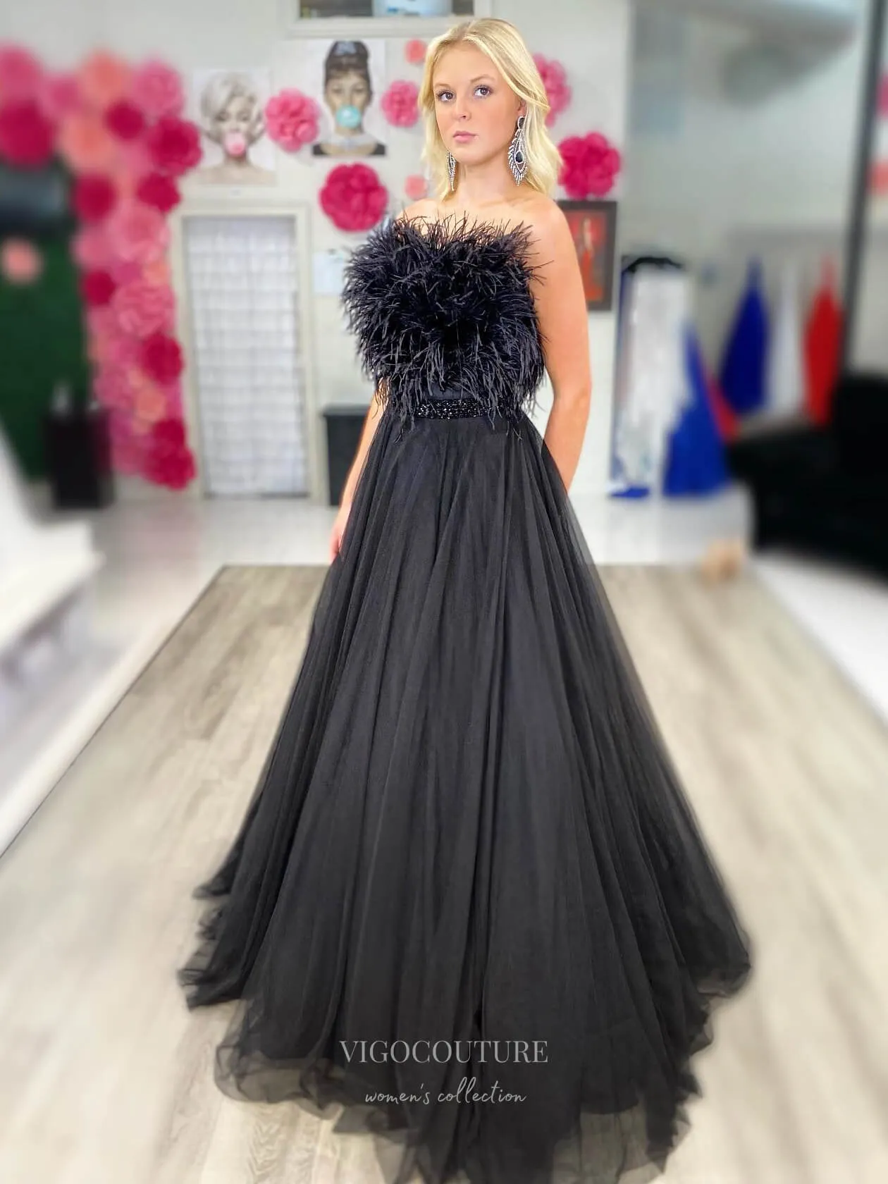 Black Strapless Feather Cheap Prom Dresses Tulle Beaded Waist 24141