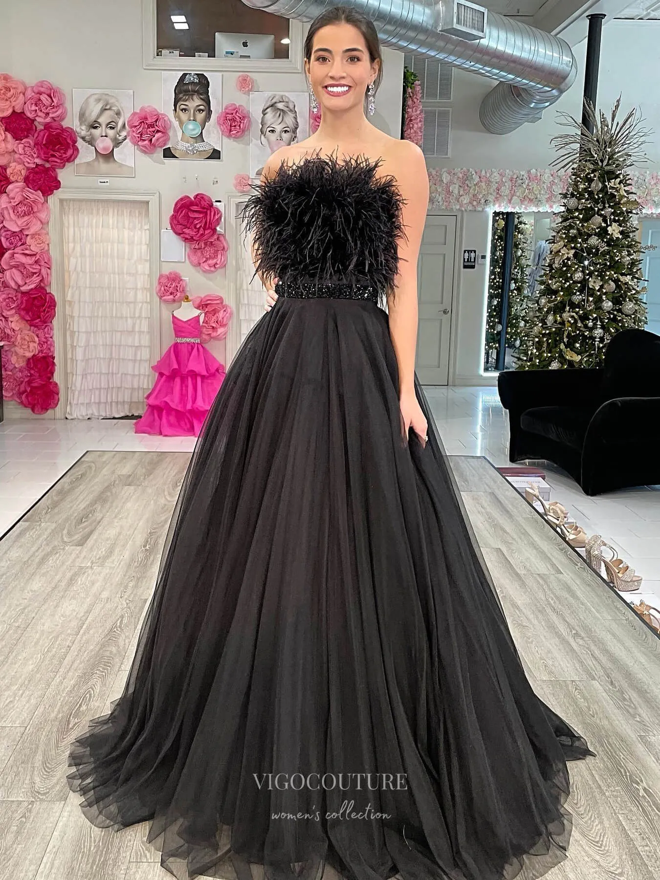 Black Strapless Feather Cheap Prom Dresses Tulle Beaded Waist 24141