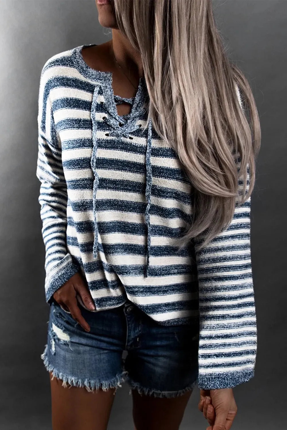 Blue Striped Knit Tie Up Sweater