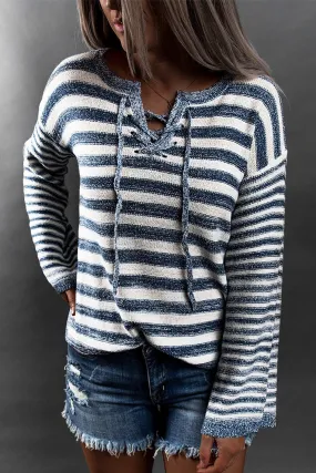 Blue Striped Knit Tie Up Sweater