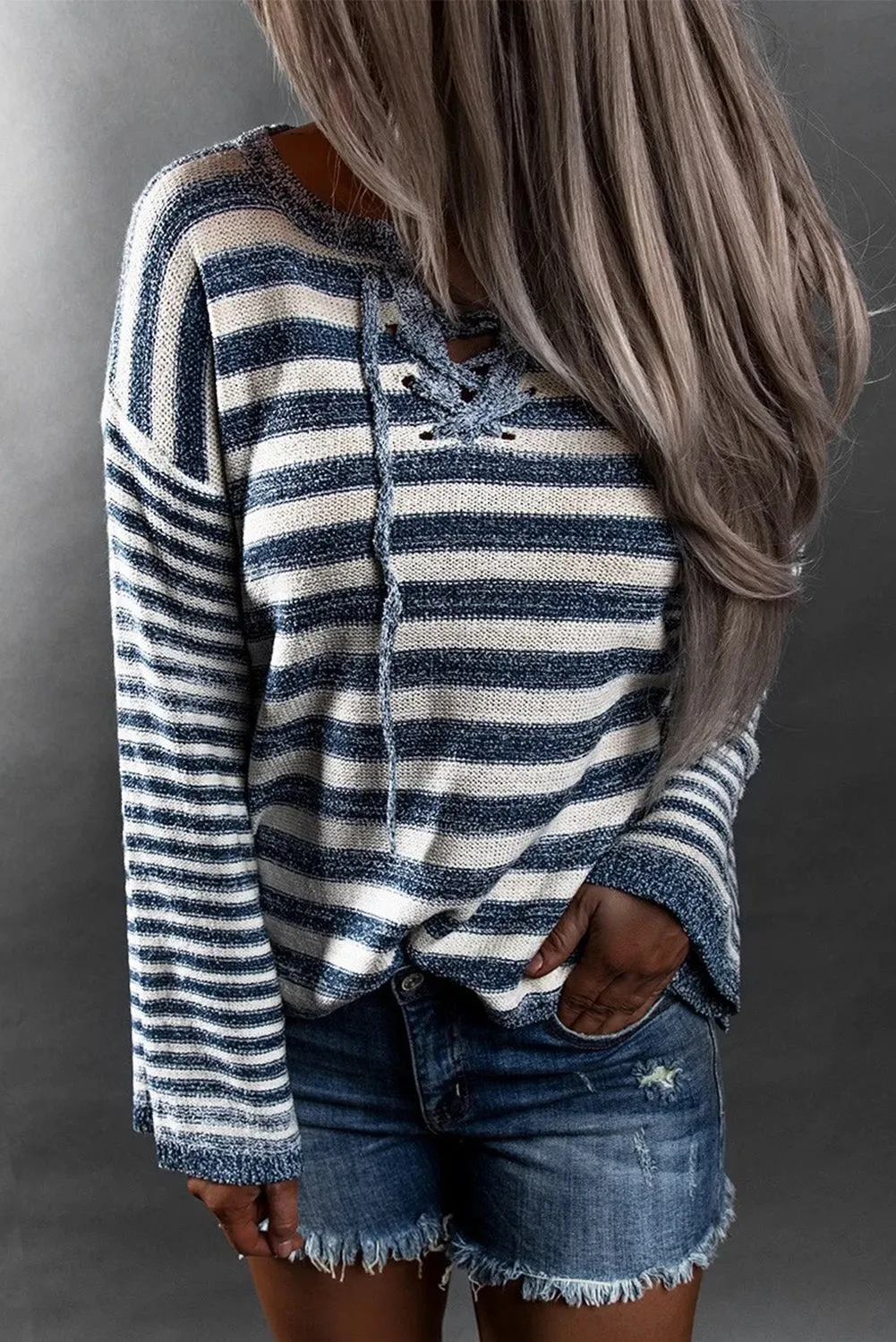 Blue Striped Knit Tie Up Sweater