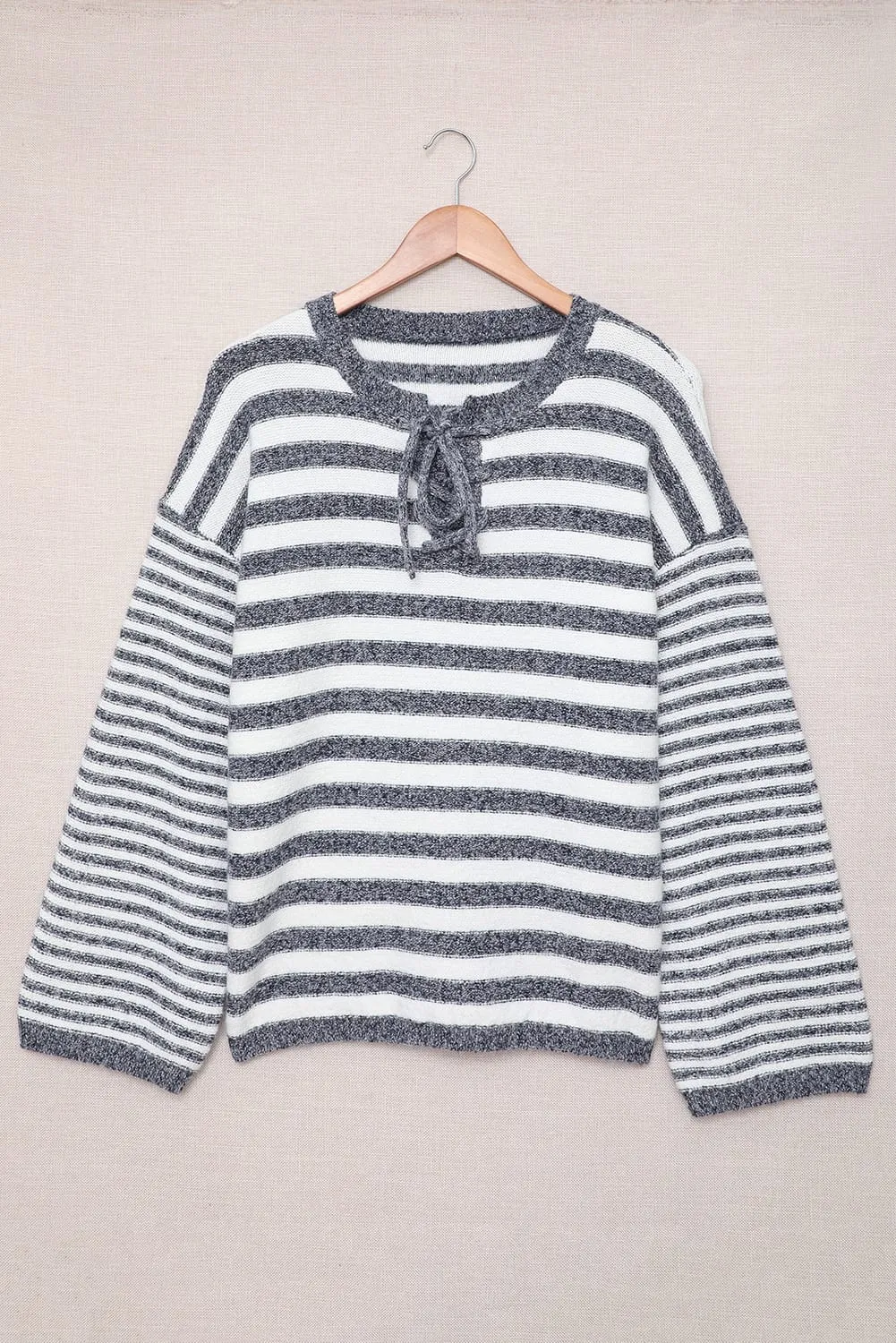 Blue Striped Knit Tie Up Sweater