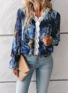 Blue V Neck Casual Boho Floral Blouse Shirts