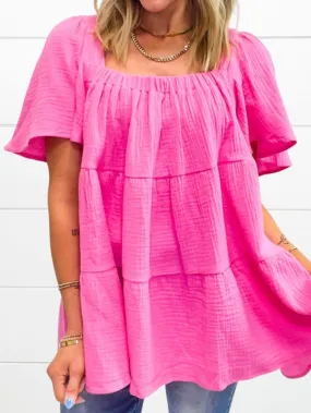 Bold Pink Ruched Square Neck Flutter Sleeve Cotton Blouse