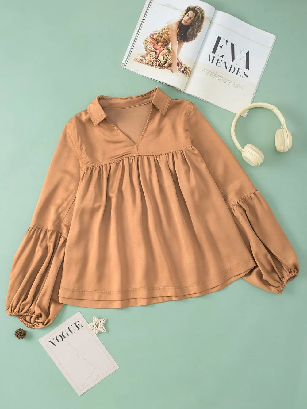 Brown Satin Puff Sleeve V-Neck Babydoll Blouse