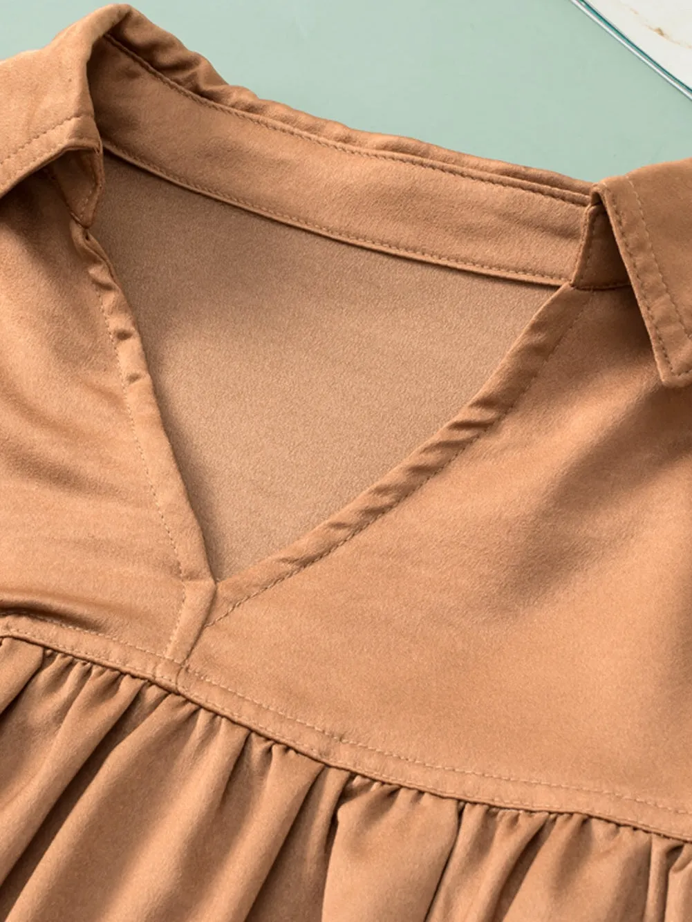 Brown Satin Puff Sleeve V-Neck Babydoll Blouse