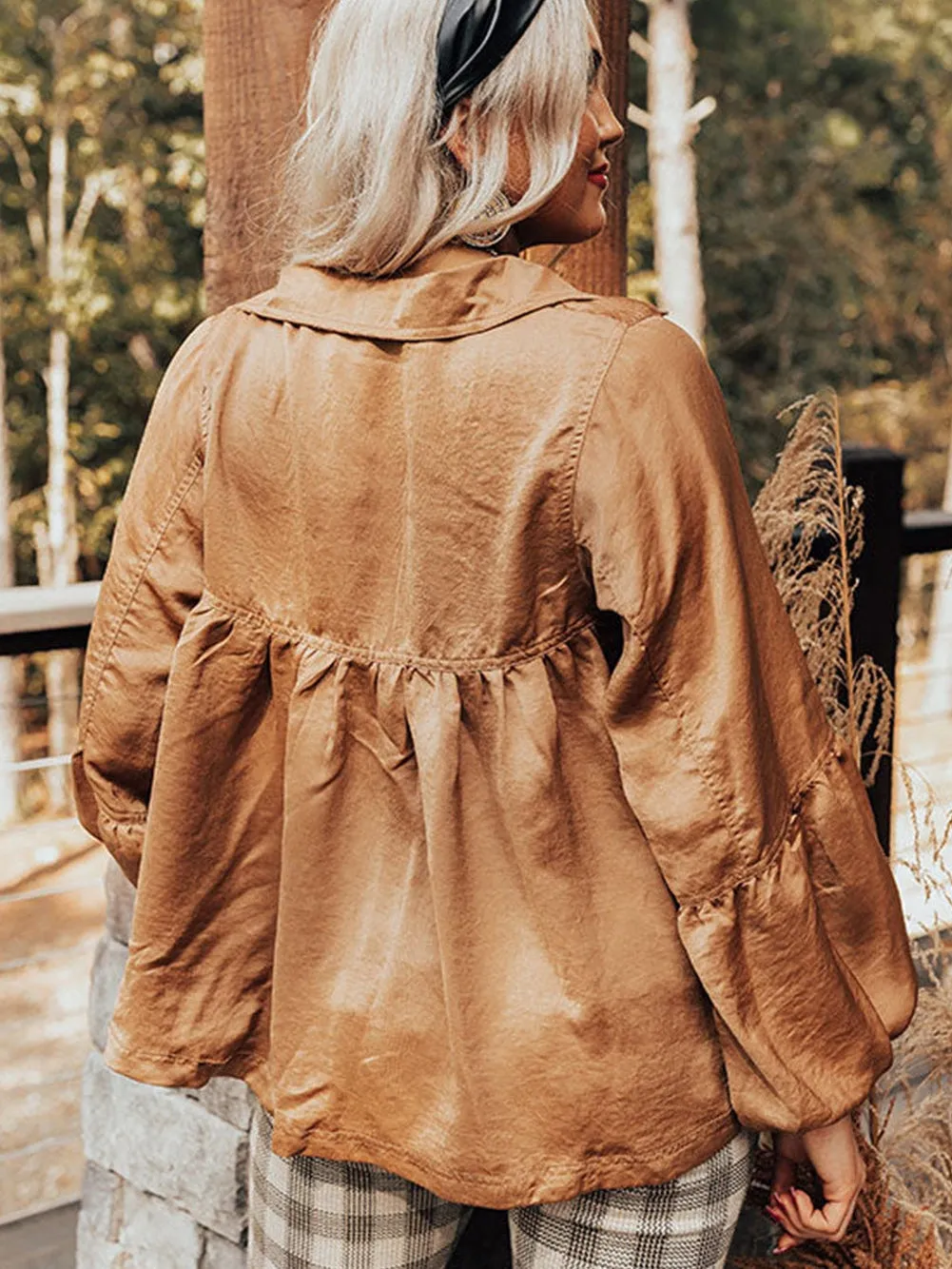 Brown Satin Puff Sleeve V-Neck Babydoll Blouse