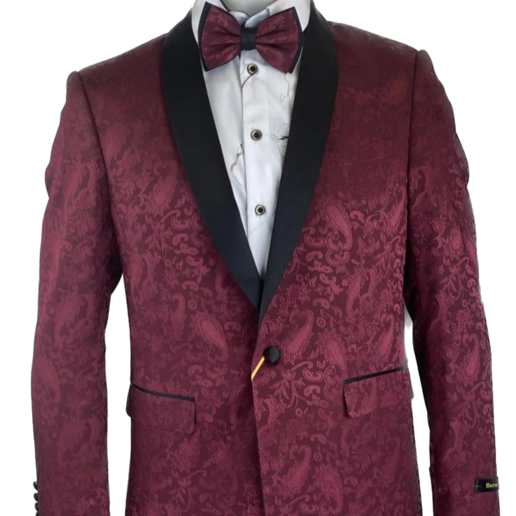 Burgundy Paisley & Matching Bowtie with Black Shawl Lapel Prom Blazer