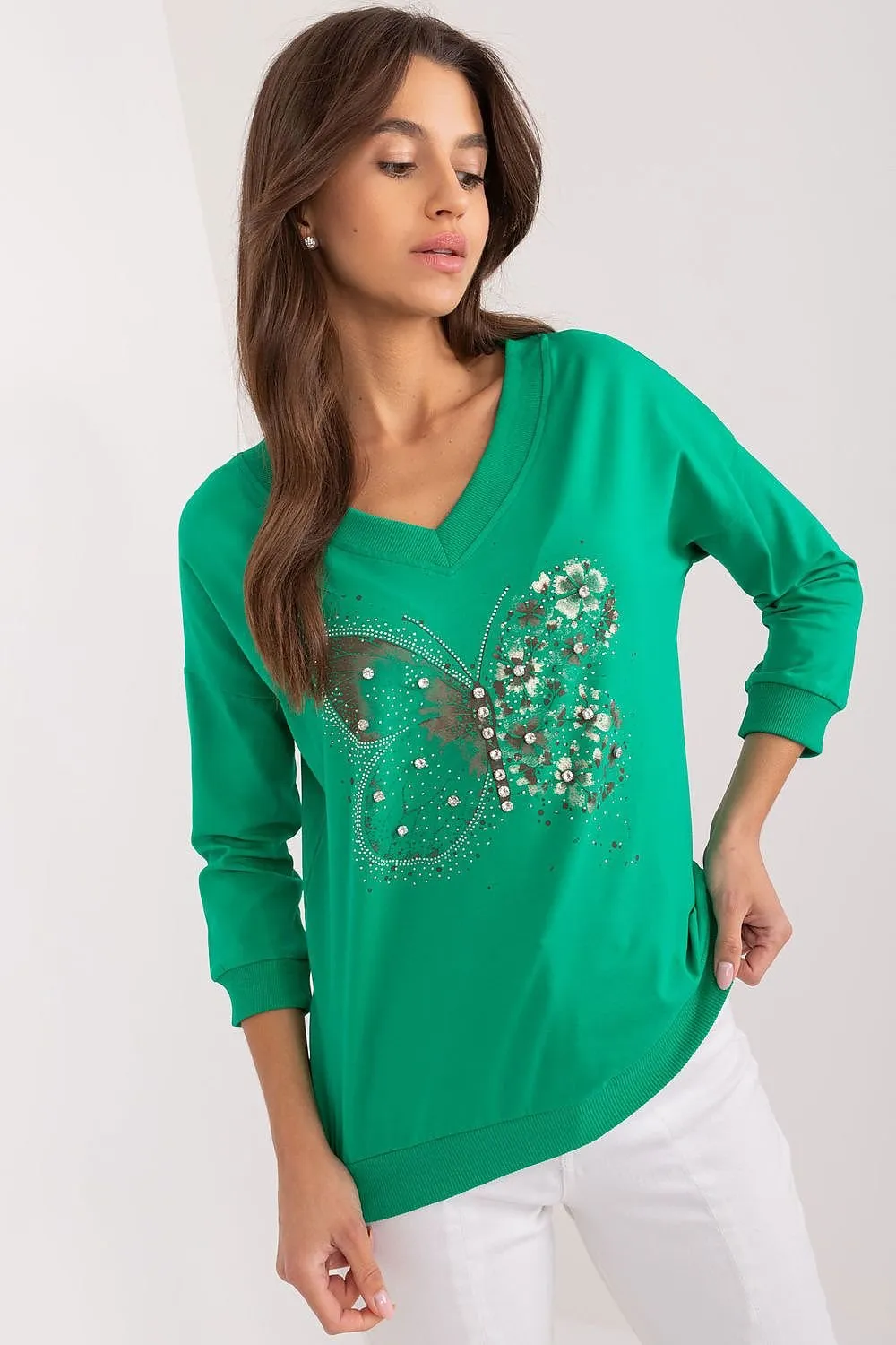 Butterfly Gems & Rhinestones V-Neck Blouse