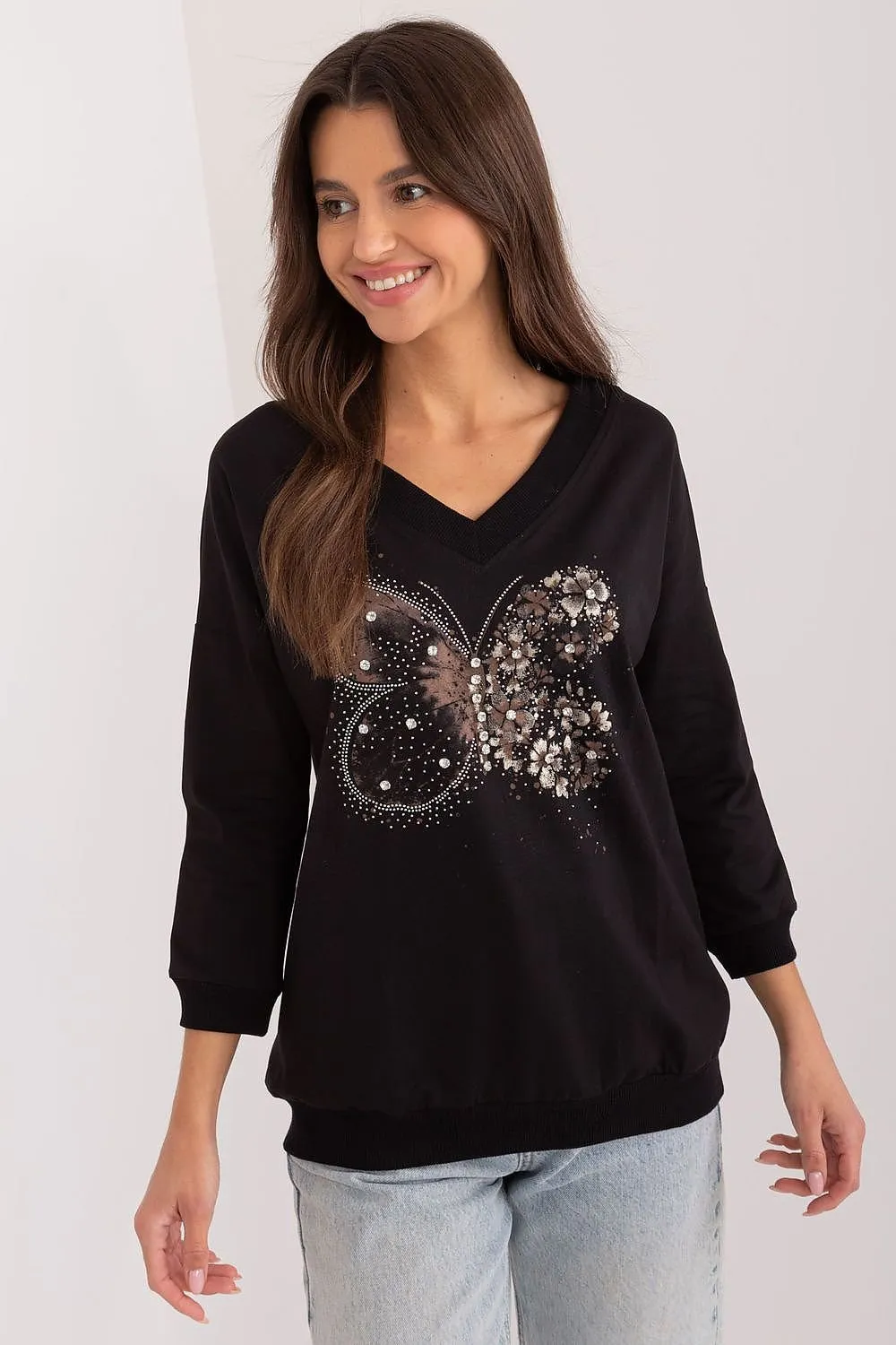 Butterfly Gems & Rhinestones V-Neck Blouse