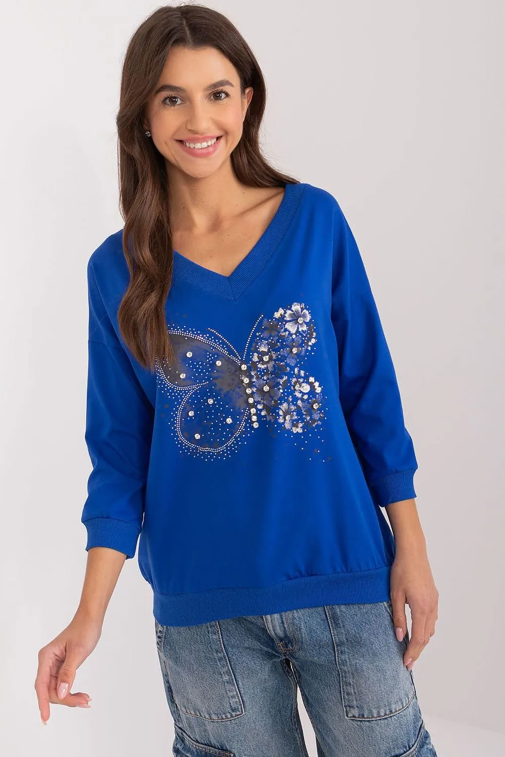 Butterfly Gems & Rhinestones V-Neck Blouse