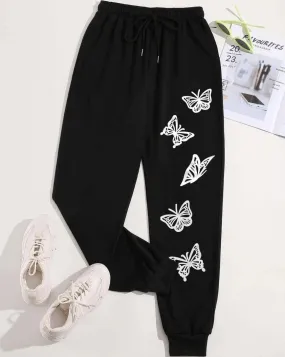 Butterfly Print Drawstring Waist Jogger Pants - Black