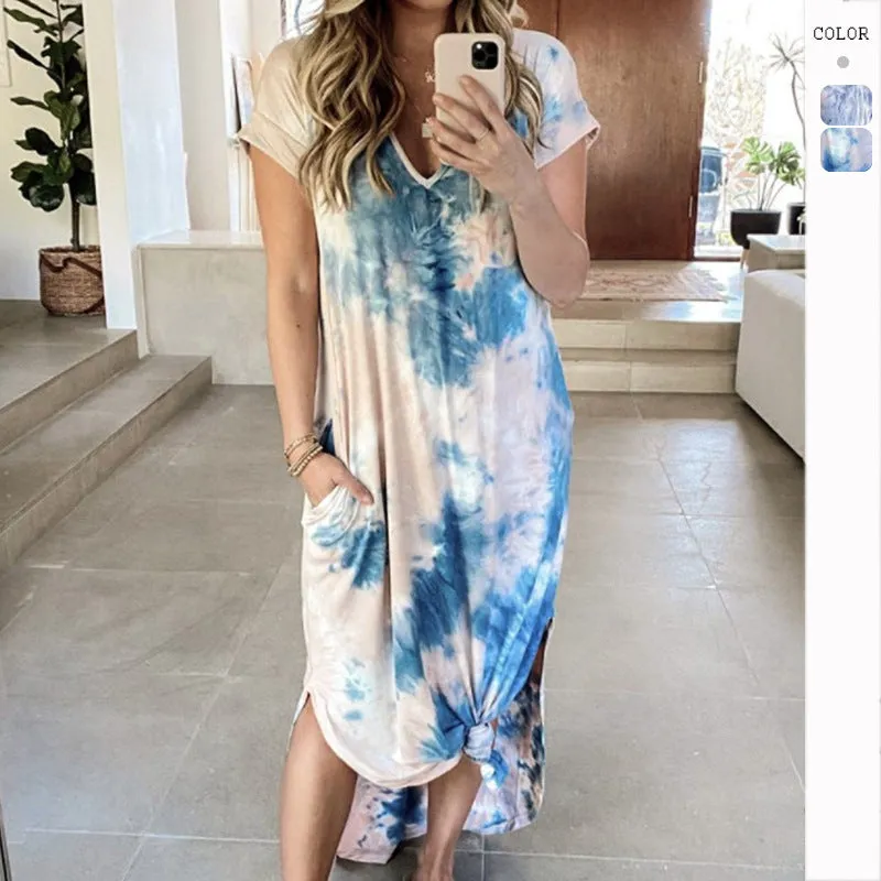 Casual and Fashionable Look Tie-Dye and Painted Short Sleeve Dress