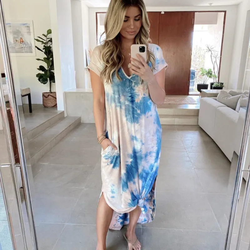 Casual and Fashionable Look Tie-Dye and Painted Short Sleeve Dress