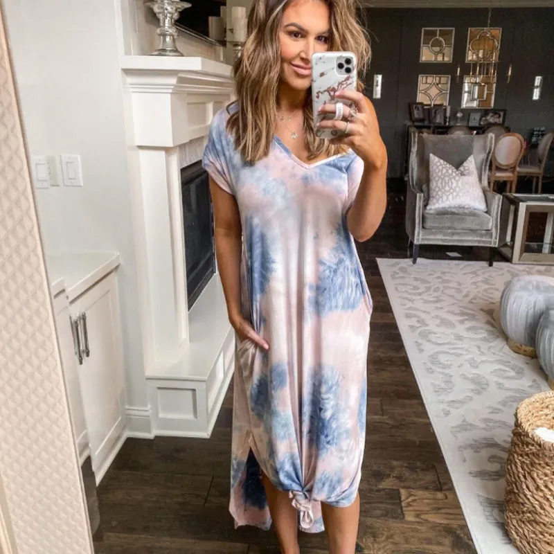 Casual and Fashionable Look Tie-Dye and Painted Short Sleeve Dress