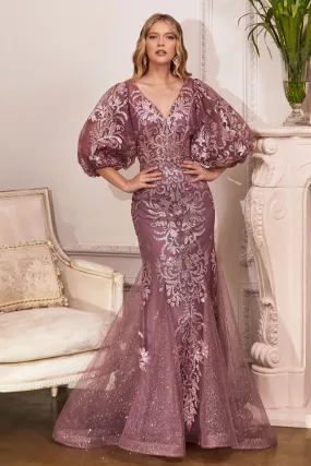 CINDERELLA DIVINE OC009 V-Neck Puff Sleeve Glitter Gown