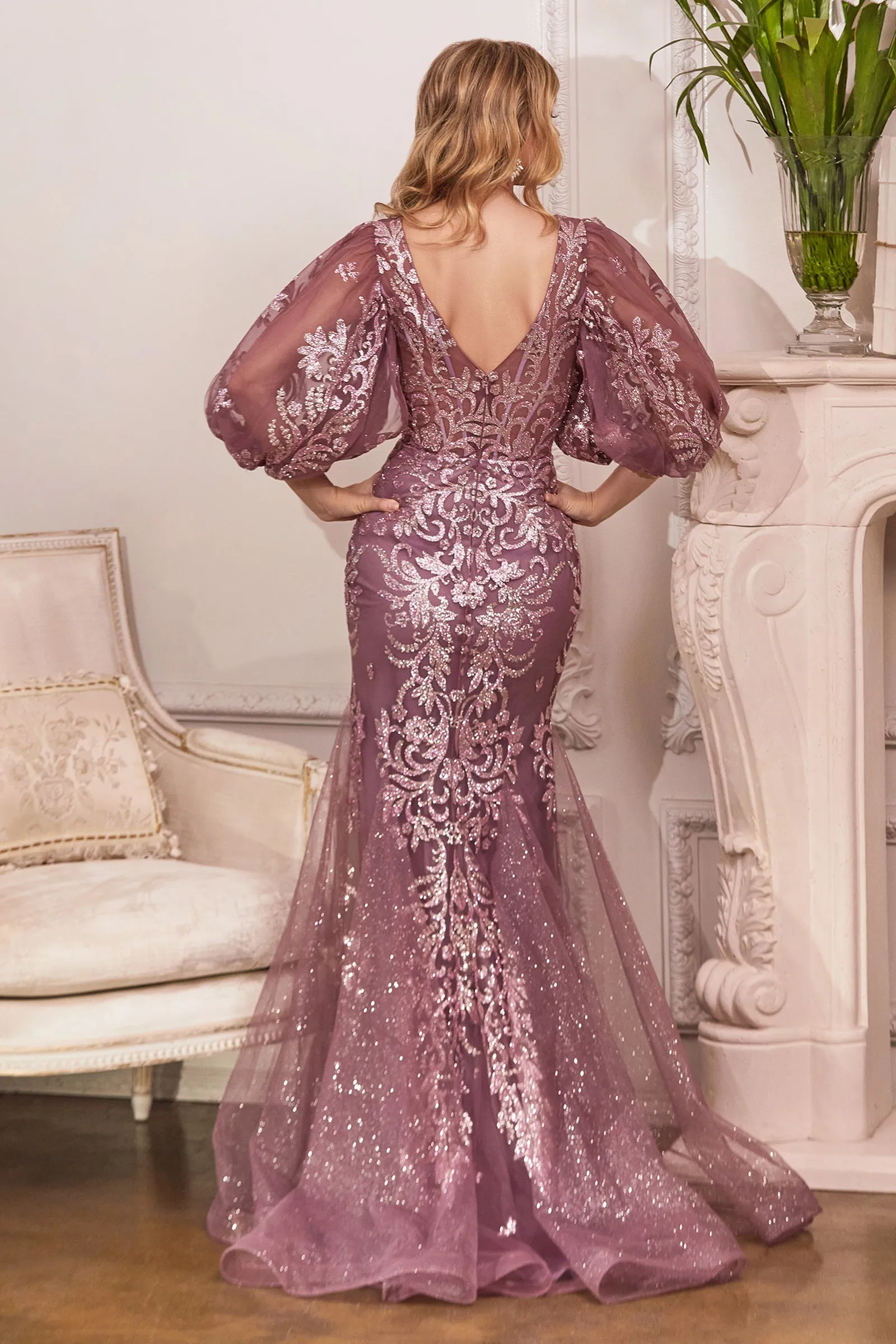 CINDERELLA DIVINE OC009 V-Neck Puff Sleeve Glitter Gown