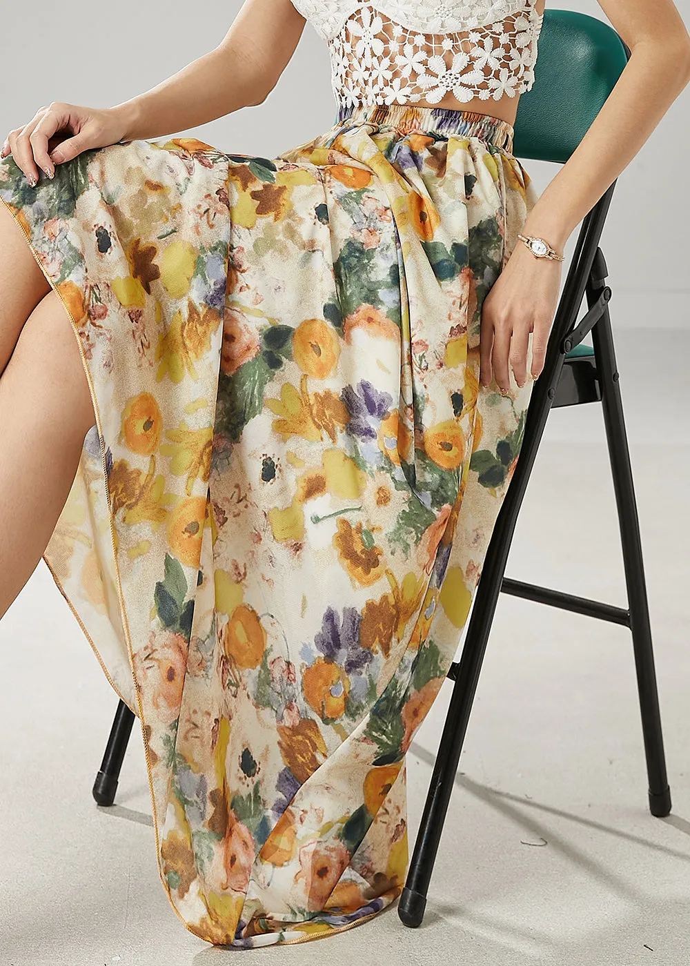 Classy Apricot Elastic Waist Print Linen Skirts Summer YU1006