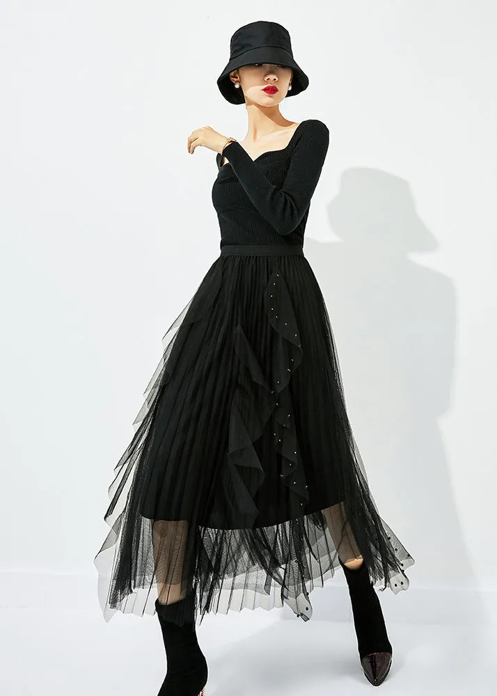 Classy Black Elastic Waist Ruffles Nail Bead Tulle Beach Skirts Summer LY0854