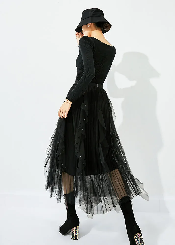 Classy Black Elastic Waist Ruffles Nail Bead Tulle Beach Skirts Summer LY0854