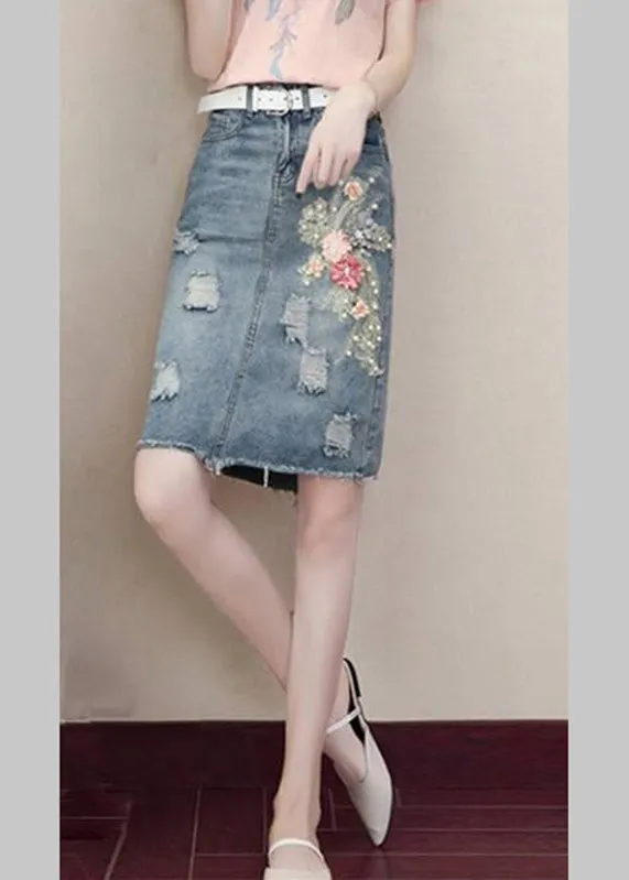 Classy Blue Pockets Nail Bead Hole Sashes Denim Skirts Summe TY1071