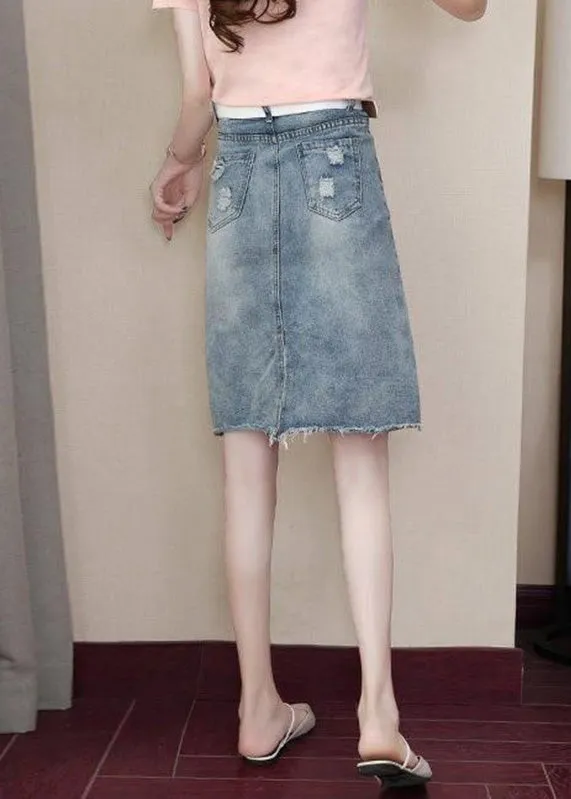 Classy Blue Pockets Nail Bead Hole Sashes Denim Skirts Summe TY1071