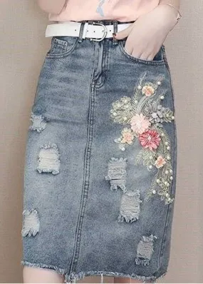 Classy Blue Pockets Nail Bead Hole Sashes Denim Skirts Summe TY1071