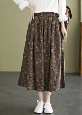 Classy Coffee Elastic Waist Print Cotton A Line Skirt Fall