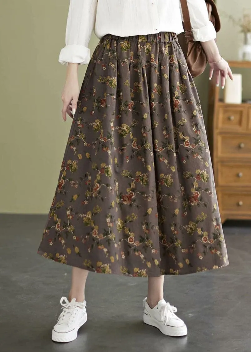 Classy Coffee Elastic Waist Print Cotton A Line Skirt Fall