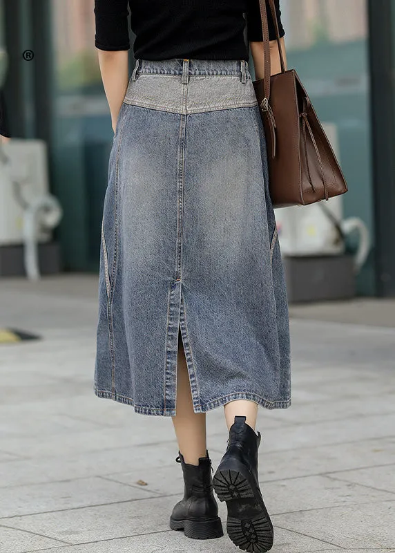 Classy Denim Blue Patchwork Elastic Waist A Line Skirt TY1005