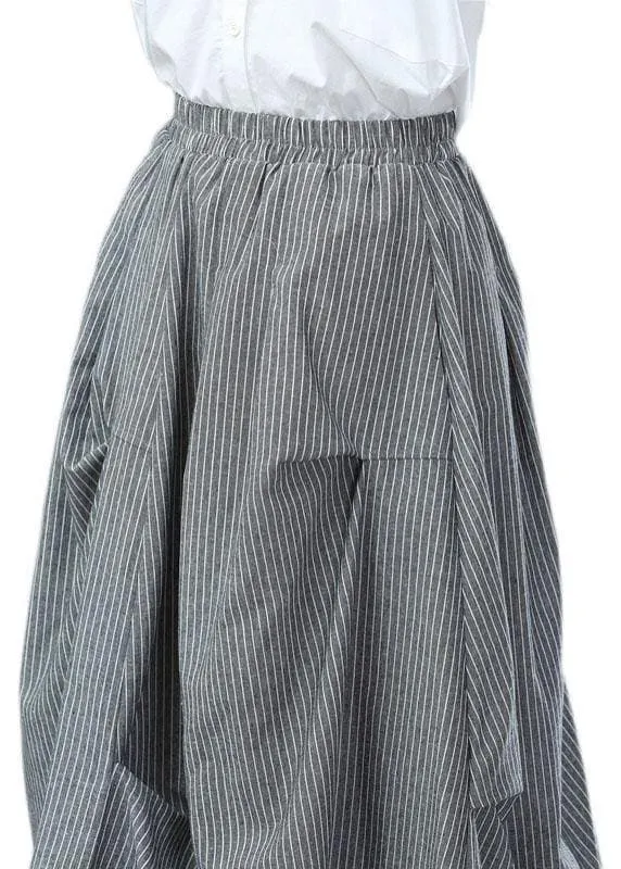 Classy Grey Cinched Wrinkled Pockets Fall Striped Skirt