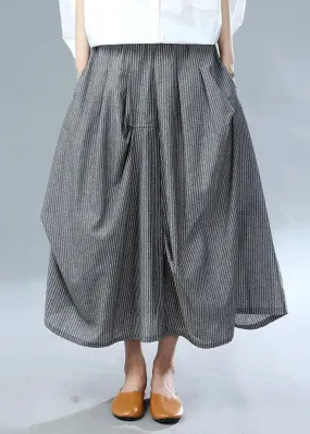 Classy Grey Cinched Wrinkled Pockets Fall Striped Skirt