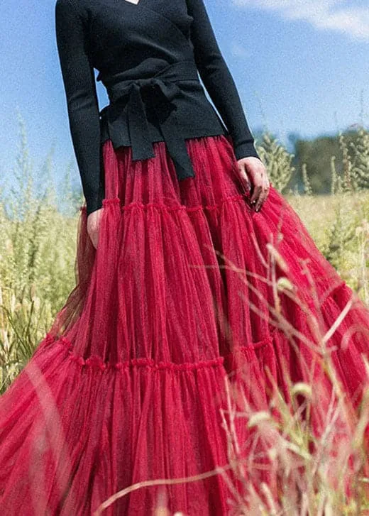 Classy Red Cinched tulle pleated skirt Spring