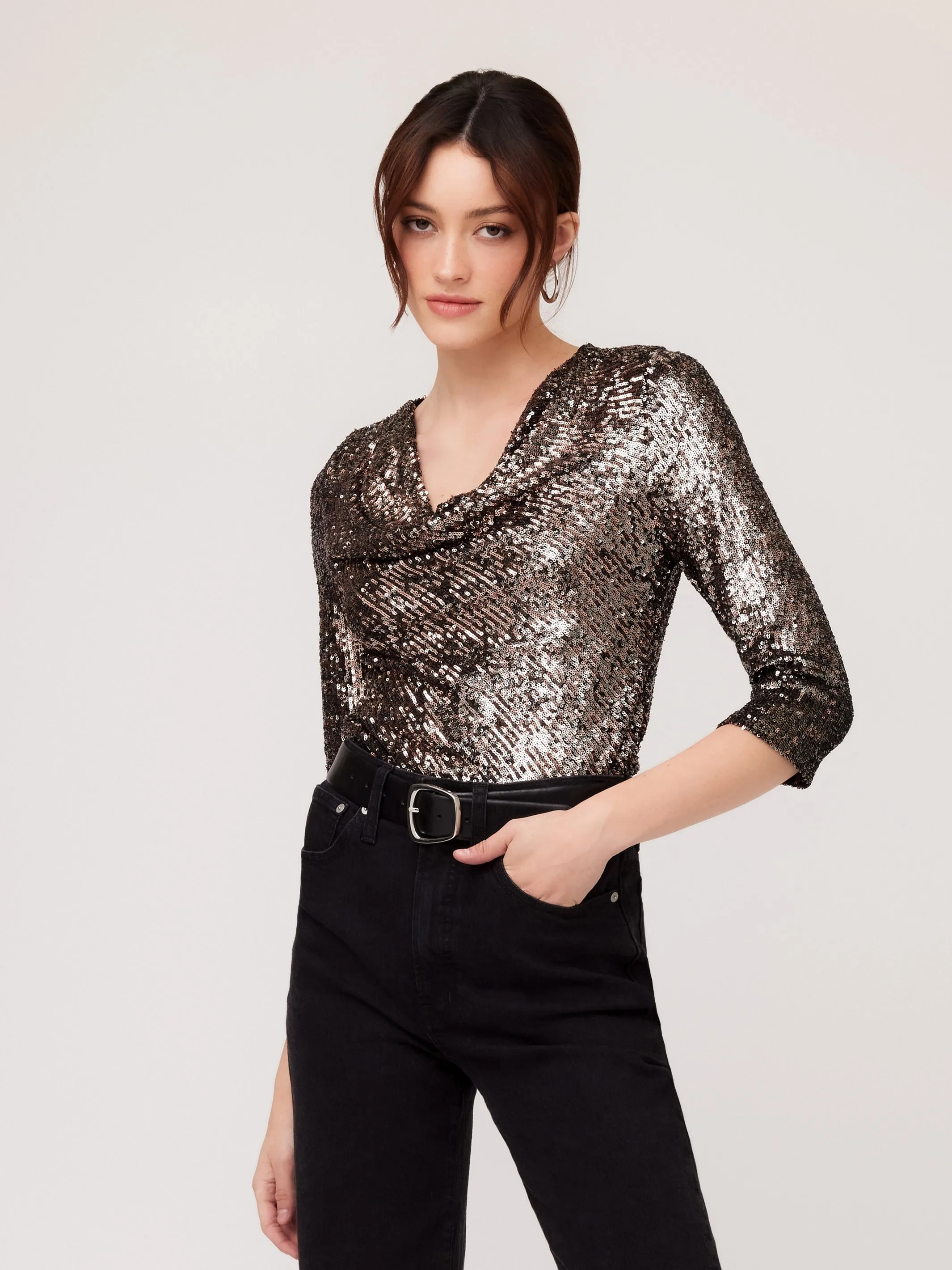 Cowl Neck Sequin Top