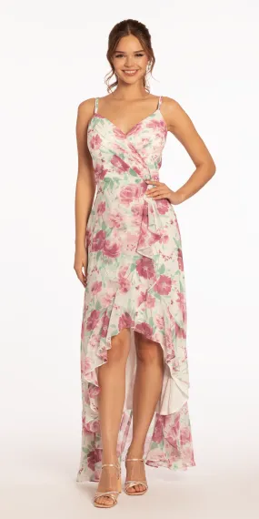 Criss Cross Floral Chiffon High Low Dress