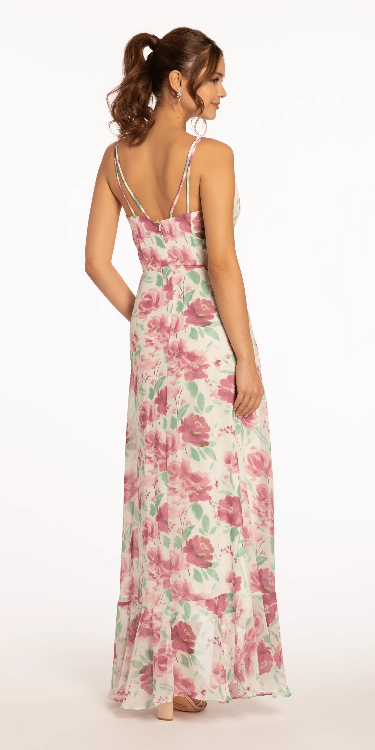 Criss Cross Floral Chiffon High Low Dress