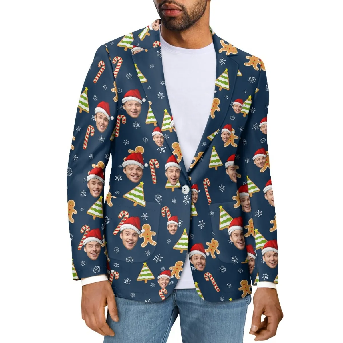 Custom Face Christmas Gingerbread Blazers Ties Personalized Jacket Casual Coats For Men Women