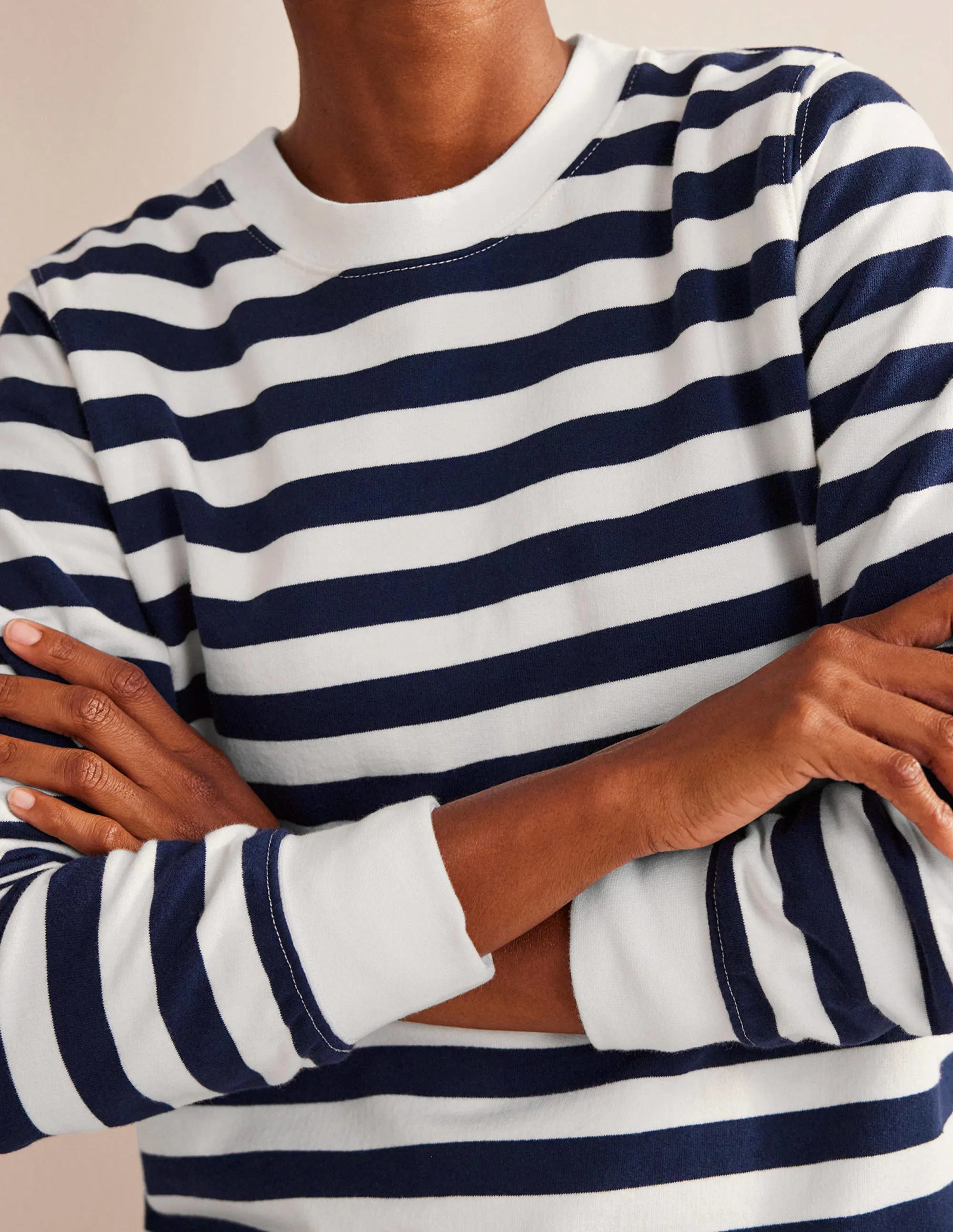 Deep Rib Boxy Sweatshirt-French Navy, Ivory Stripe