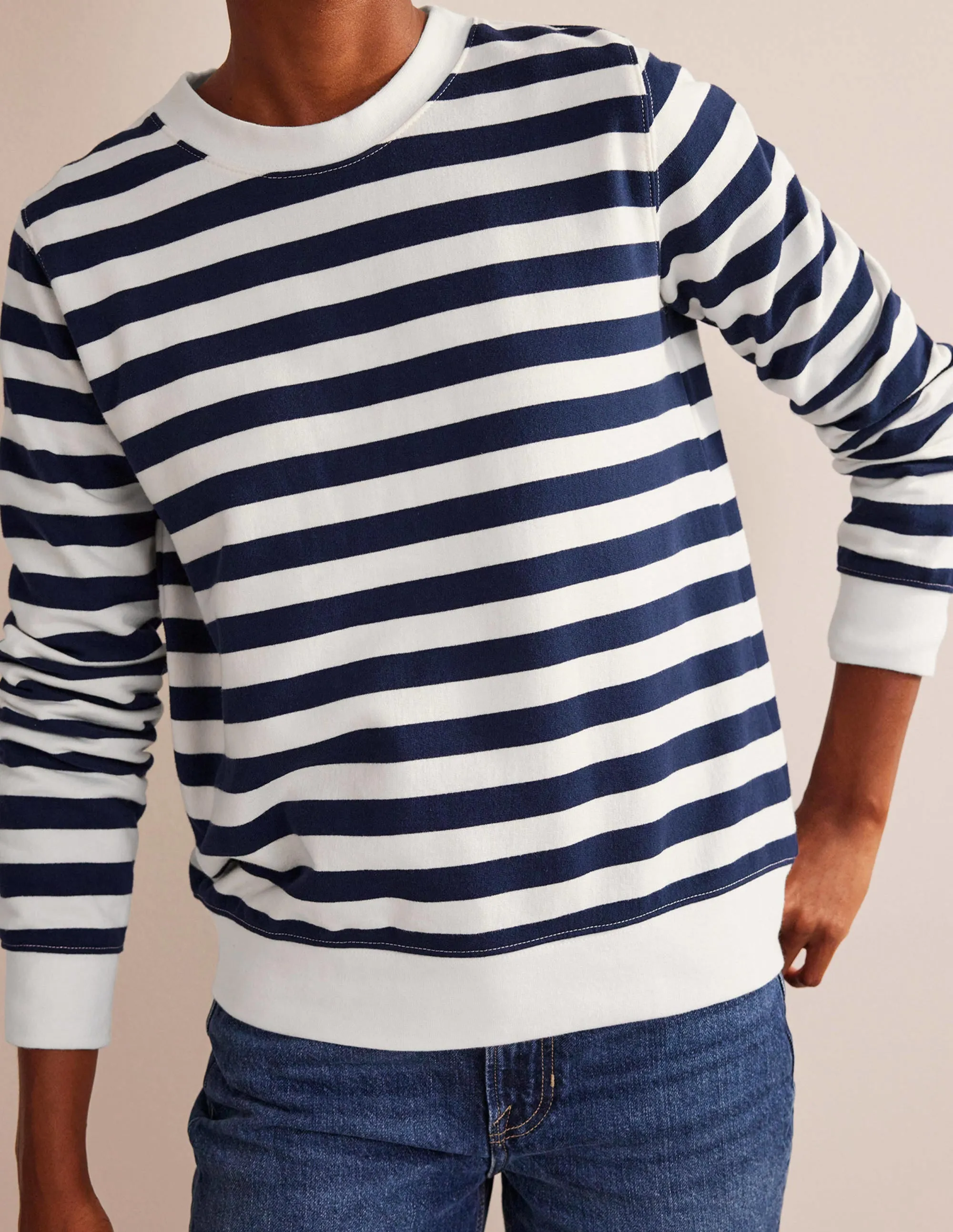 Deep Rib Boxy Sweatshirt-French Navy, Ivory Stripe