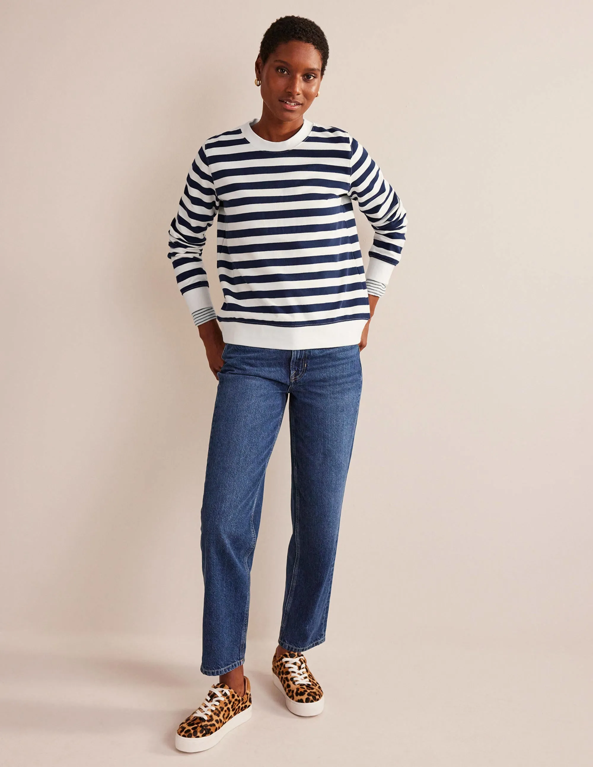 Deep Rib Boxy Sweatshirt-French Navy, Ivory Stripe