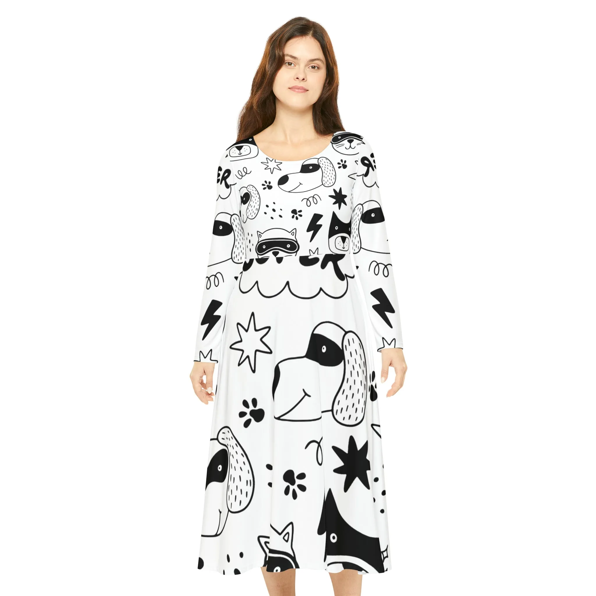 Doodle Dogs & Cats - Inovax Women's Long Sleeve Dance Dress