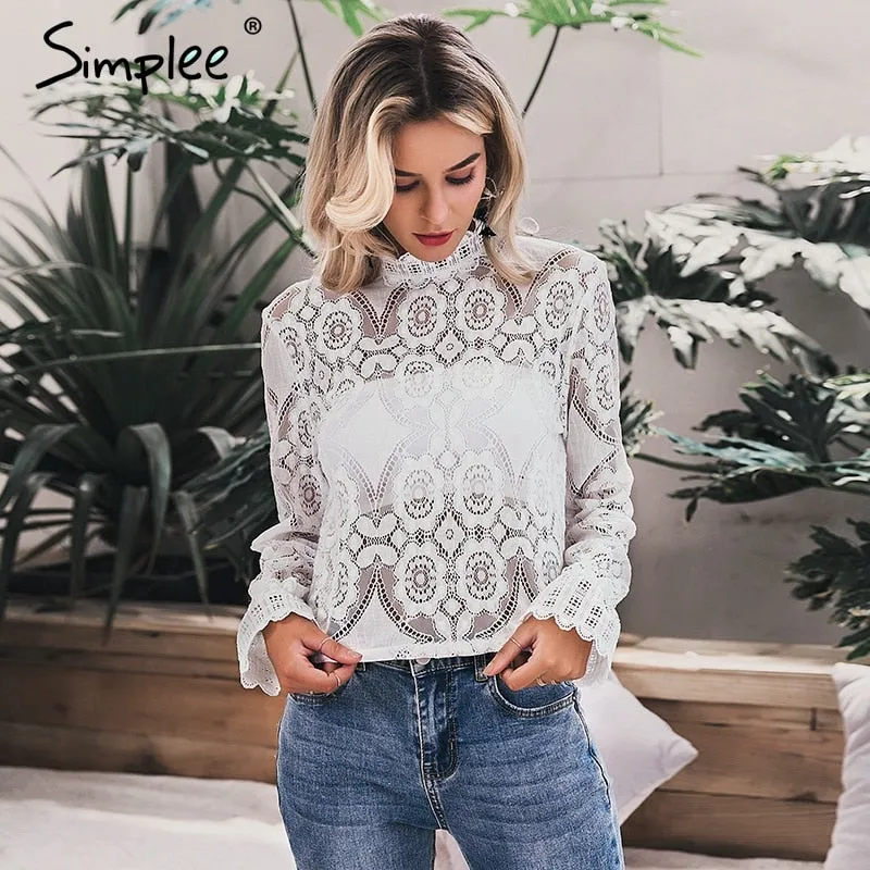 Elegant Lace Shirt Sexy Hollow Blouse