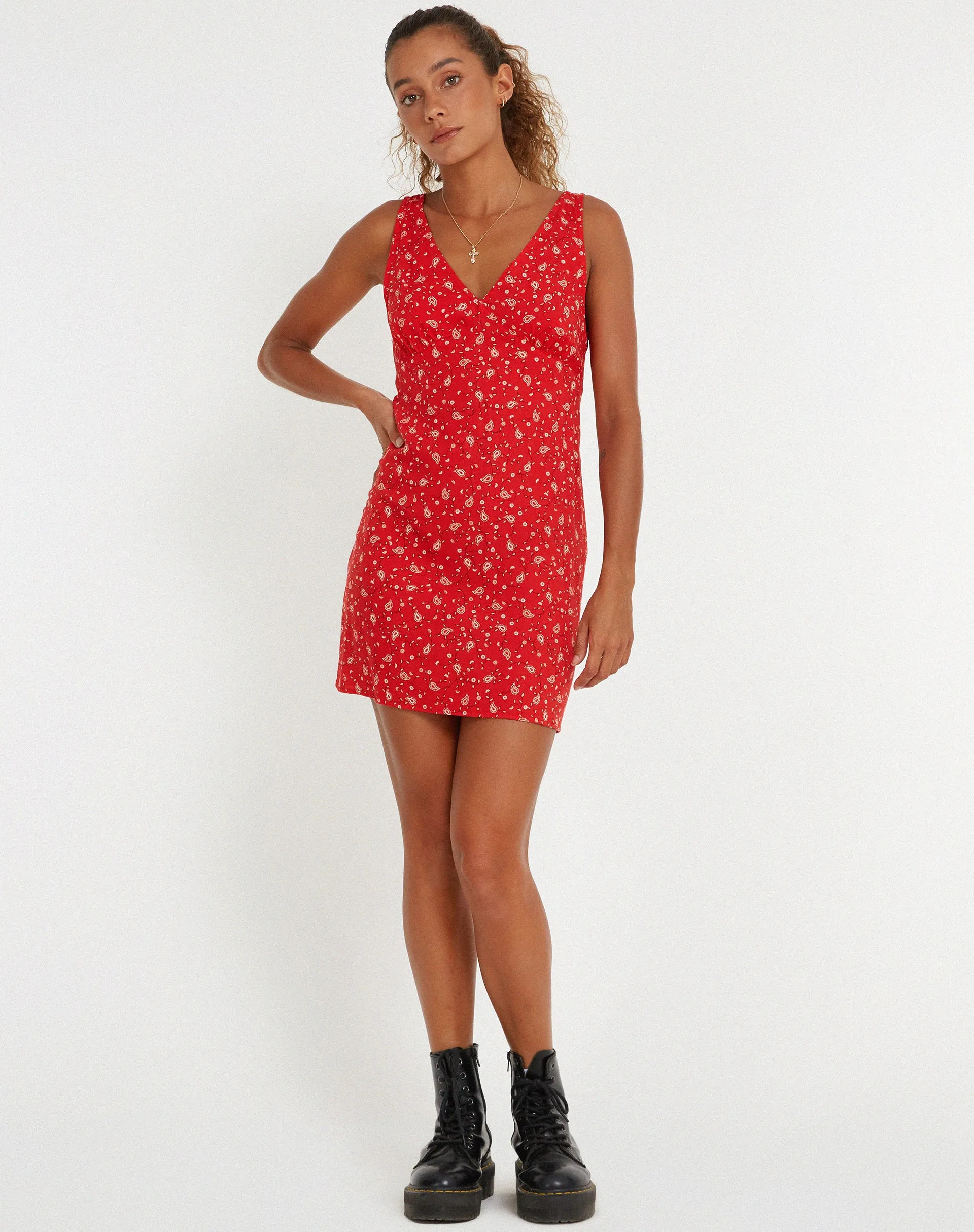 Eluned Day Dress in Paisley Fun Red