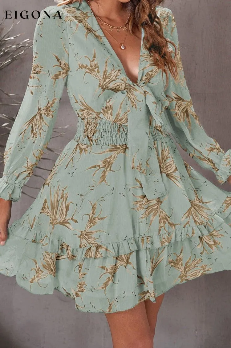 Floral Deep V Flounce Sleeve Mini Dress