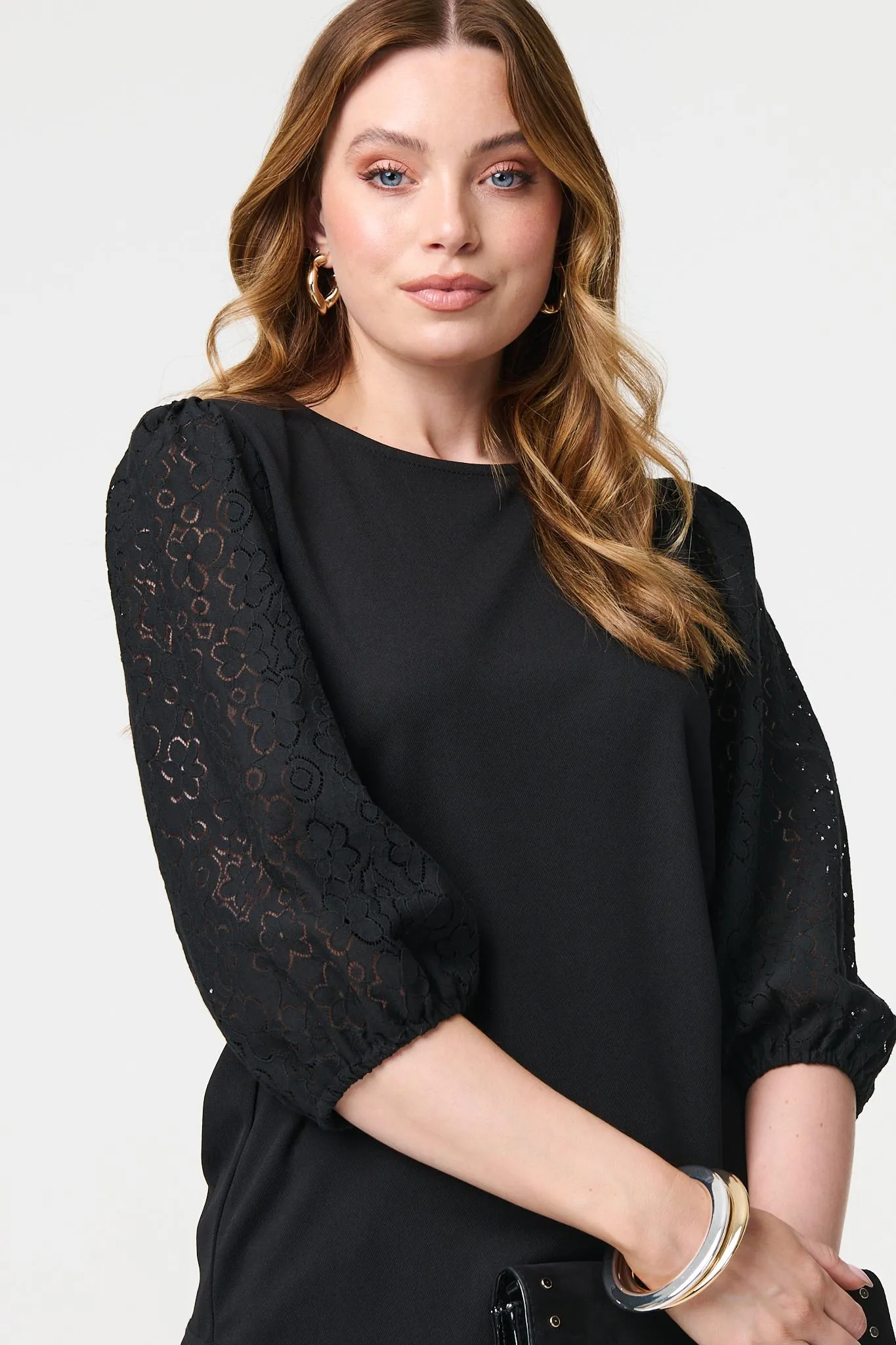 Floral Lace 3/4 Puff Sleeve Blouse