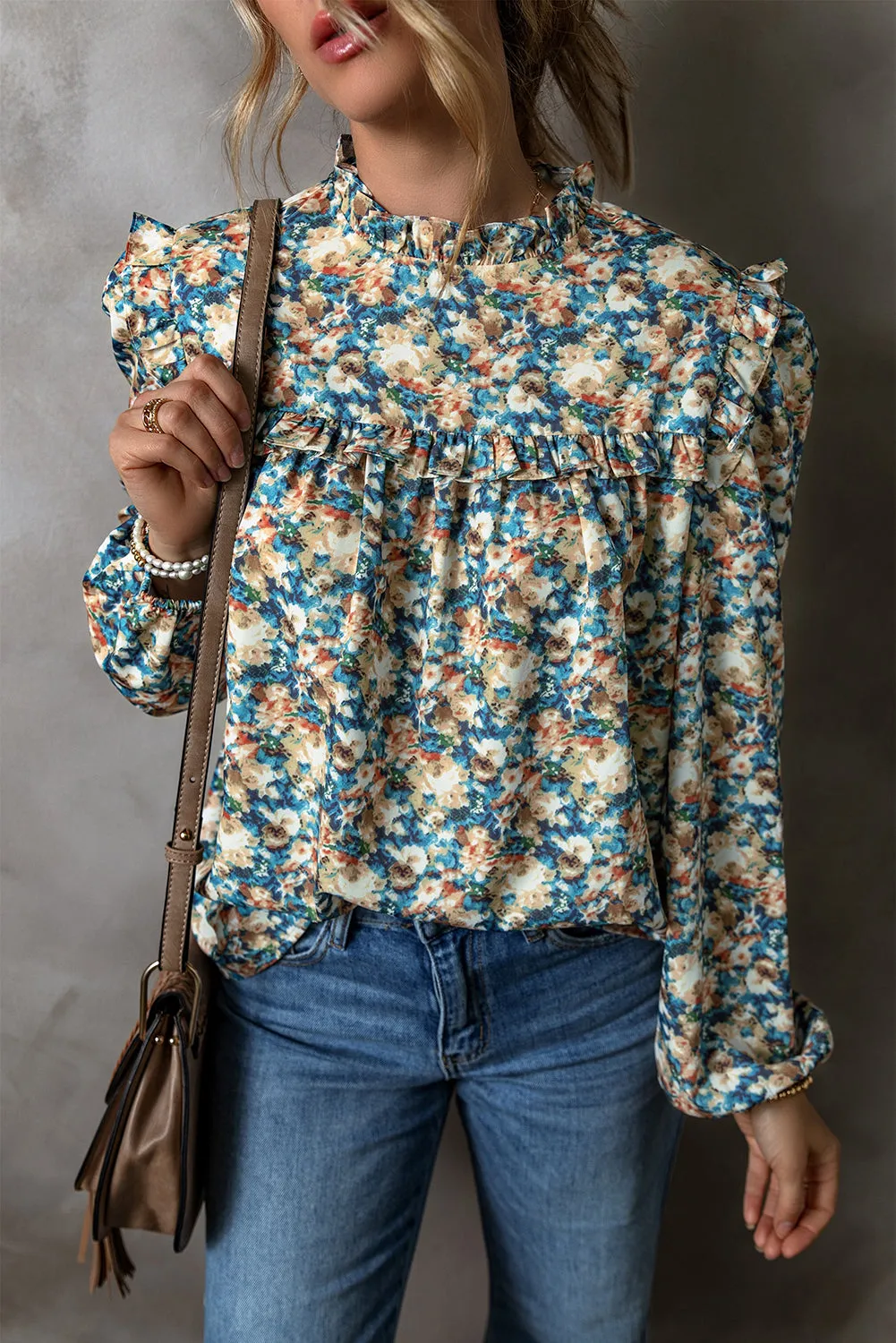 Frilled Mock Neck Puff Sleeve Blouse