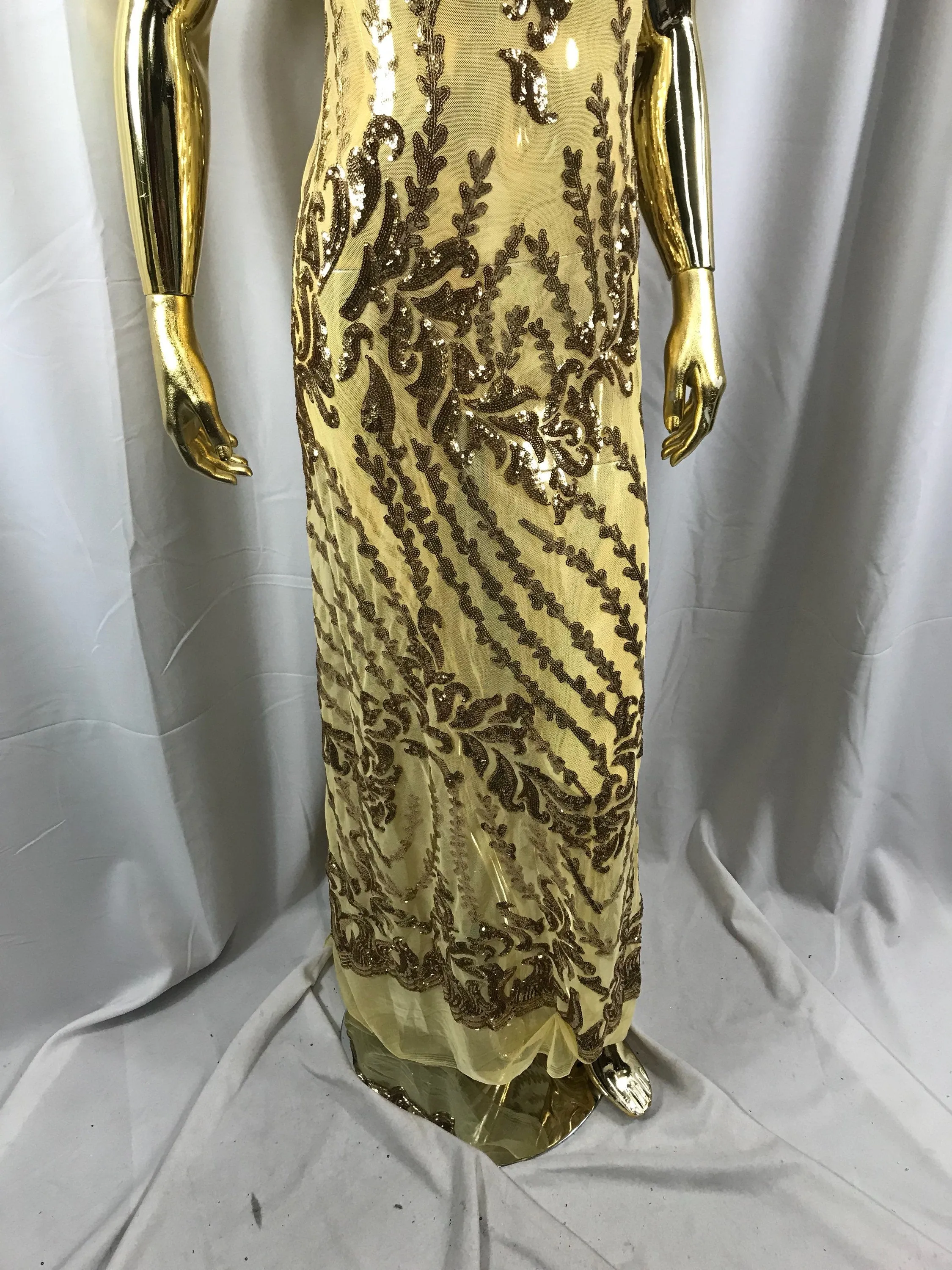 Gold 4 way Stretch power mesh lace embroidered with shiny sequins-dresses-fashion-prom-nightgown-apparel-decorations-sold by the yard.