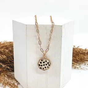 Gold Paperclip Chain Necklace with Octagon Pendant in White Dotted Print